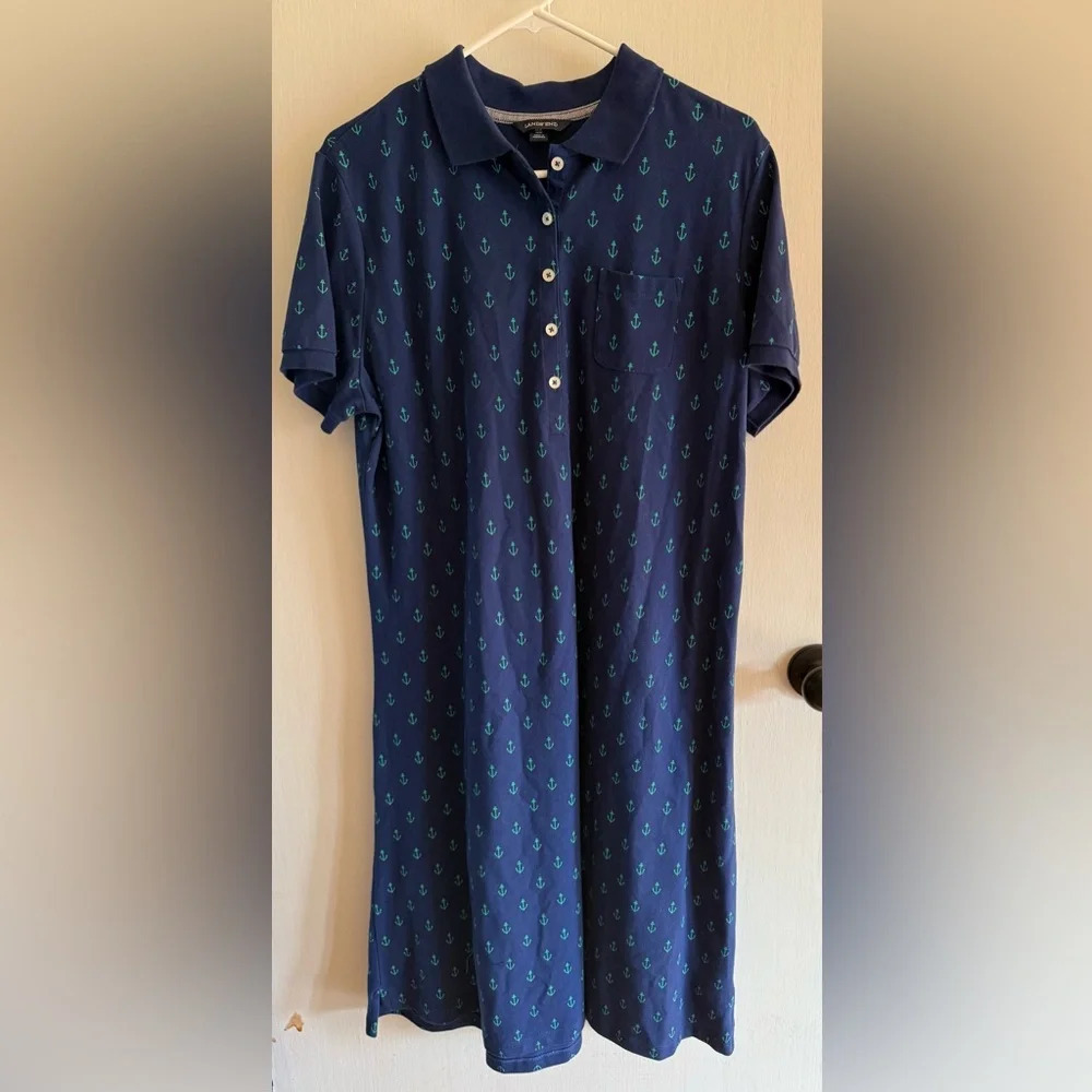 Lands End Shirtdress Navy‎ Blue Green Anchor Pattern Short Sleeve Nautical Boat